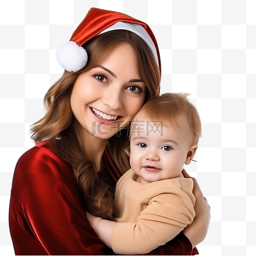 年轻的母亲带着她的小宝宝，带着圣诞装饰图片