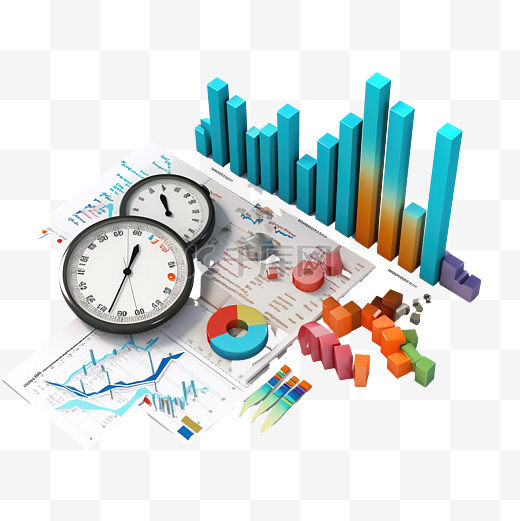 图表和图表与分析业务财务数据在线营销检查时钟隔离业务策略概念 3D 插图或 3D 渲染图片