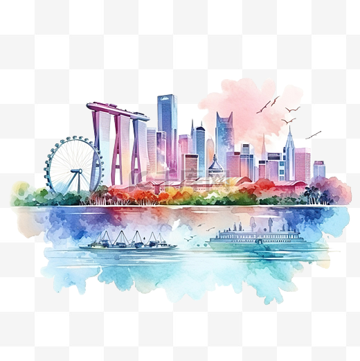 新加坡城市景观天际线彩色水彩风格插画图片