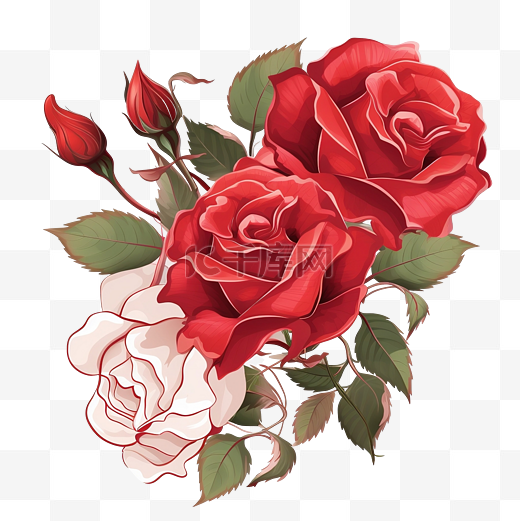 玫瑰花复古红玫瑰红花拉莫特乐观玫瑰花瓣盛开叶子怀旧png ai生成图片