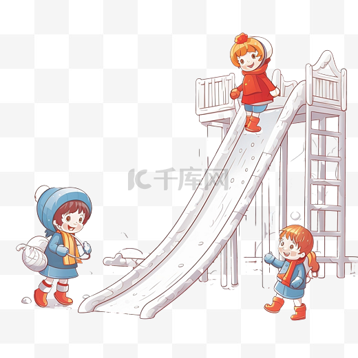 小孩子们在冬季公园冰雪覆盖的操场上的玩具滑梯上玩耍图片