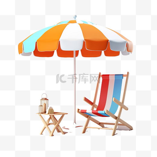 暑假概念的 3D 渲染多彩海滩元素夏季和旅游度假概念与沙滩椅和雨伞 3D 插图图片