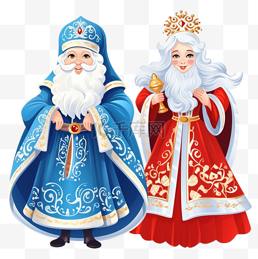 俄罗斯圣诞人物 ded moroz 父亲霜和 snegurochka 雪少女孤立图片
