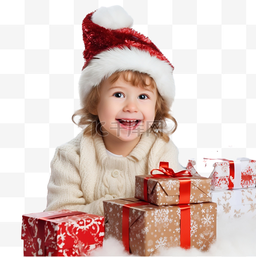 戴帽子的漂亮小女孩在礼物和圣诞树附近玩雪图片