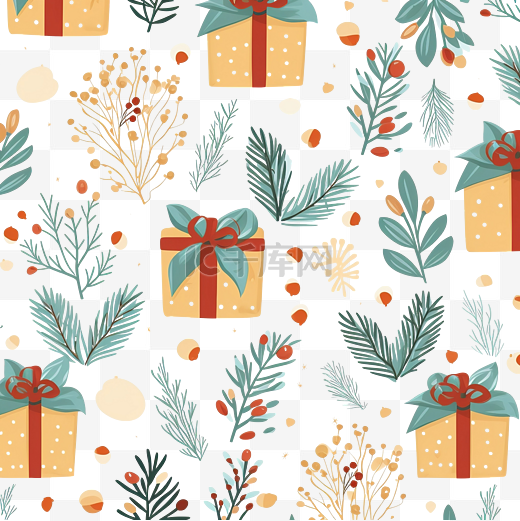 圣诞节无缝图案与礼品盒和植物矢量隔离插图图片