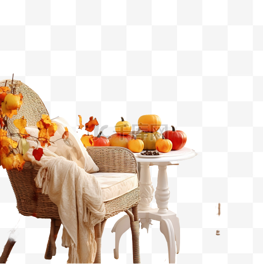 秋天院子里的花园桌椅，上面有苹果和南瓜图片