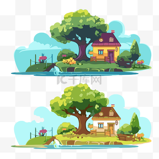 适应剪贴画 两个卡通卡通房子在该国的树木和水 向量图片