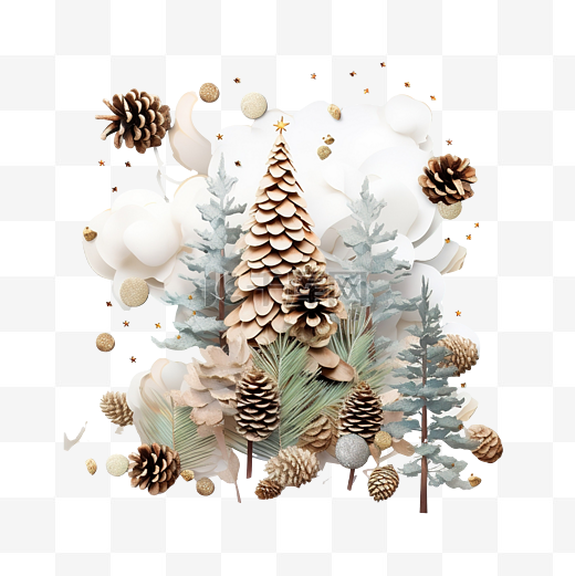 圣诞树组合物与松果和云邀请卡自然前视图图片