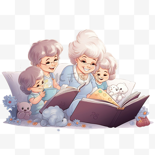 奶奶给她快乐的小孙子们大声朗读睡前故事和童话故事图片