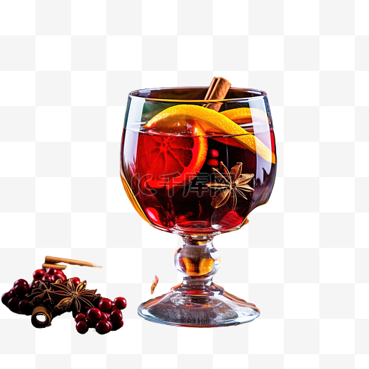 木桌上放着一杯红热葡萄酒，配上橙片和迷迭香，配上圣诞球图片
