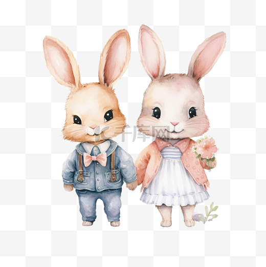 可爱的水彩兔子情侣插画ai生成图片