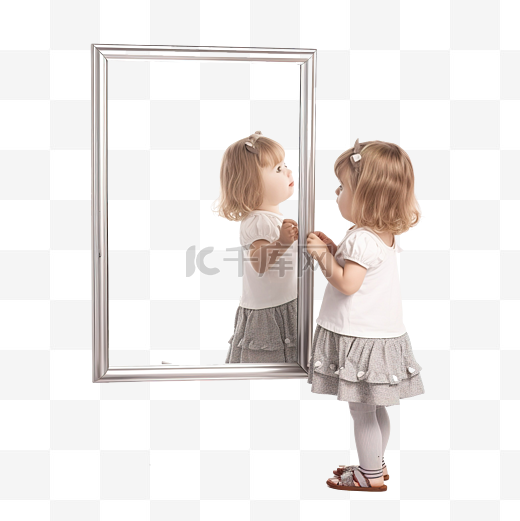 有趣的小女孩仔细地看着镜子里的自己，仔细地审视自己的倒影图片