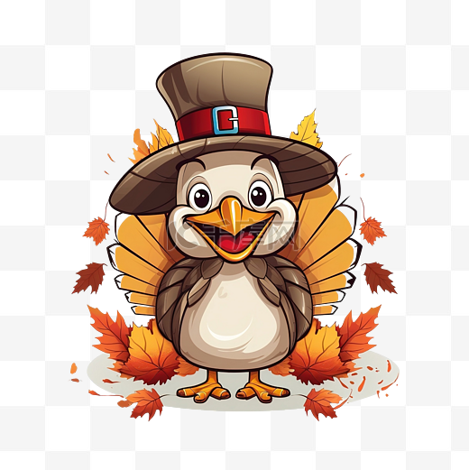 感恩节快乐卡通朝圣者火鸡鸟，带橡树叶和秋季图案边框图片