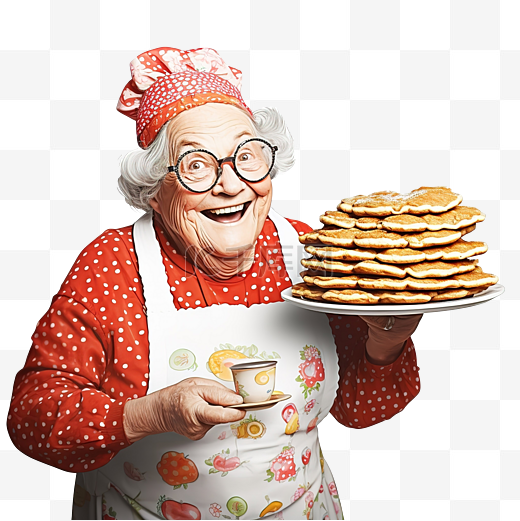有趣的奶奶在节日餐桌上提供新鲜出炉的热美味煎饼图片