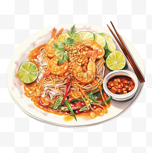泰式炒河粉 泰国美食 美味的面条 食物画图片