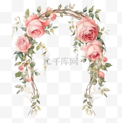 婚礼拱门与玫瑰藤水彩插图图片