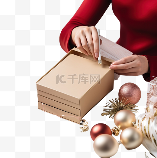 女手将化妆品包装在圣诞装饰旁边的盒子里图片