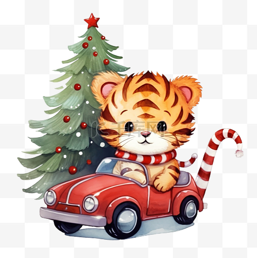 一只可爱的小老虎开着一辆红色汽车，带着一棵圣诞树，上面有新年礼物剪贴画图片