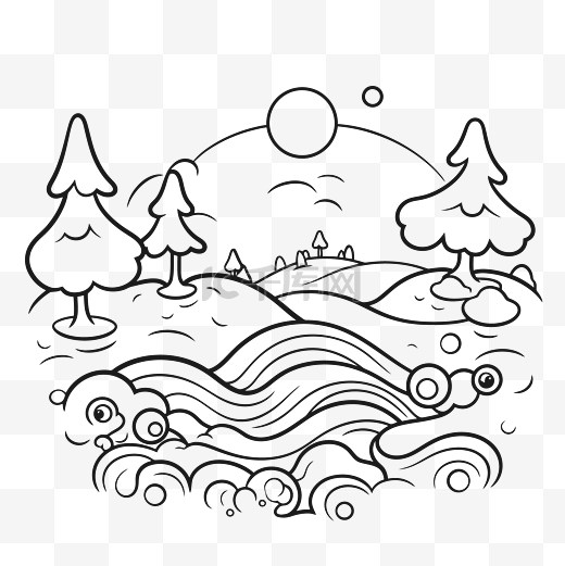 河流和树木着色页矢量插图在黑白轮廓草图中图片