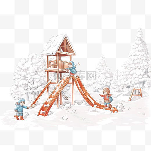 冬季公园冰雪覆盖的操场上，快乐的小孩子们在玩具滑梯上玩耍图片
