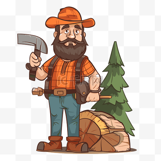 伐木工剪贴画卡通大胡子樵夫拿着斧头和木头 向量图片
