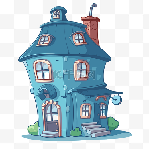 蓝色房子剪贴画彩色卡通房子有烟囱和窗户 向量图片