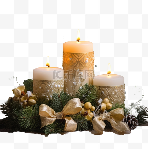 圣诞布置，配有冷杉枝蜡烛丝带铃和金色花环图片