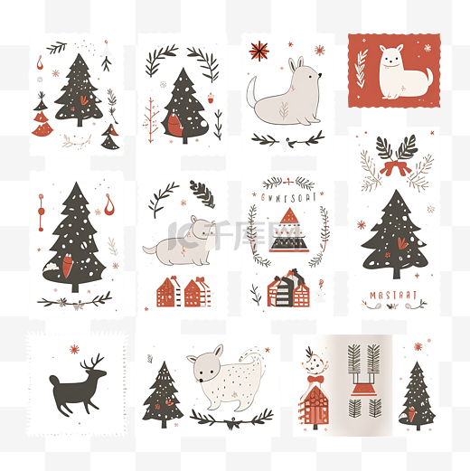 圣诞套装圣诞贺卡笔记贴纸标签邮票标签与森林动物图片