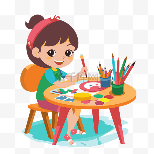 工作剪贴画女孩在桌子上画画矢量卡通图片