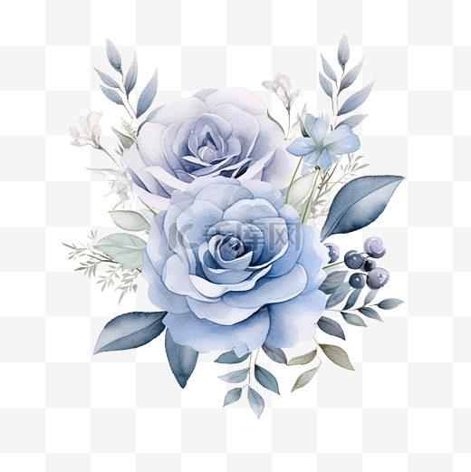 水彩尘土飞扬的蓝色玫瑰花或婚礼文具背景装饰问候花卉插图图片