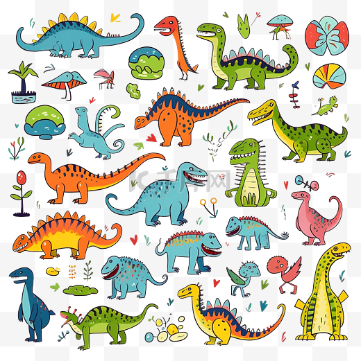 恐龙和史前生物卡通和涂鸦风格矢量插图的集合图片