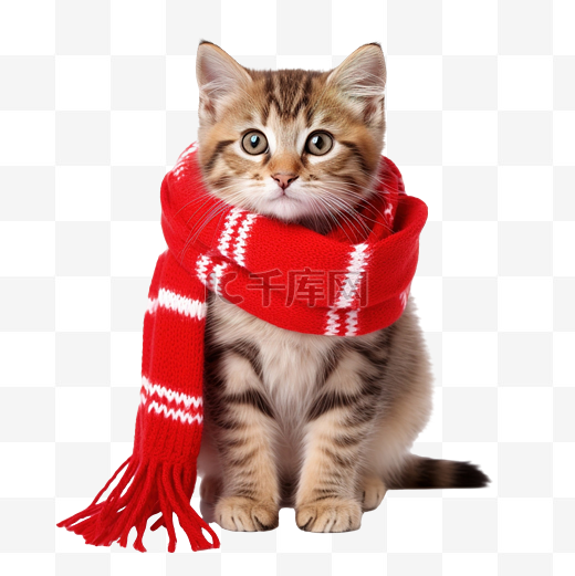 有趣顽皮的小猫戴着红围巾，看着左边的圣诞宠物图片