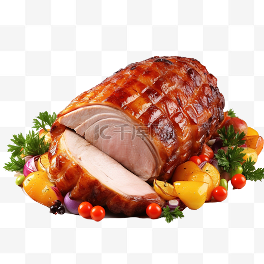 圣诞节或感恩节的美味开胃烤肉猪肉配蔬菜图片
