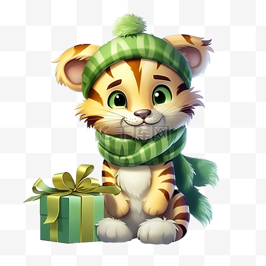 戴着绿色围巾的可爱小老虎，带着礼盒新年幻觉图片