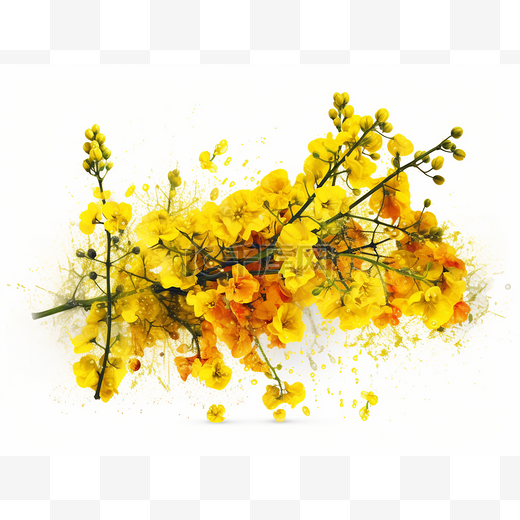 黄色的花朵，白色背景上涂有黄色的飞溅图片
