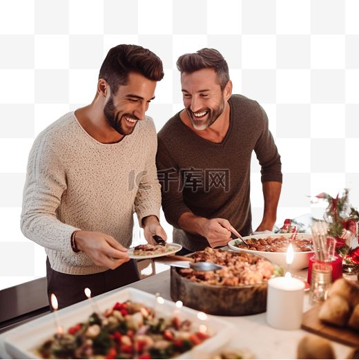 圣诞节那天，男同性恋夫妇在家里的厨房里一起做饭图片
