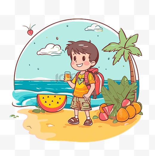 夏季剪贴画男孩在暑假图标卡通片中在海滩上拿着西瓜和水果的最后一天 向量图片