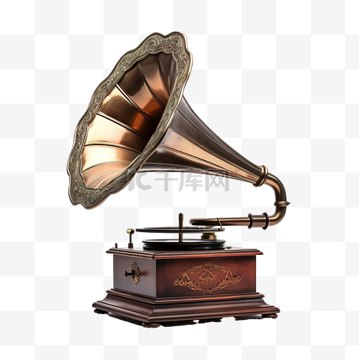 带喇叭扬声器的复古旧留声机，用于在盘子上播放音乐图片