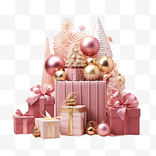 圣诞快乐，粉红色表面有节日装饰品图片