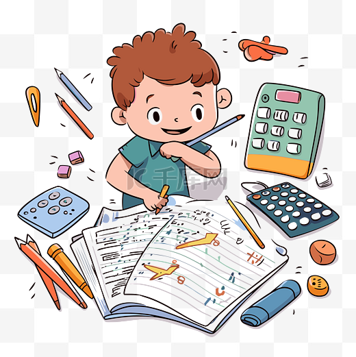 计算剪贴画男孩写给他的教科书和数学事实和数字卡通 向量图片