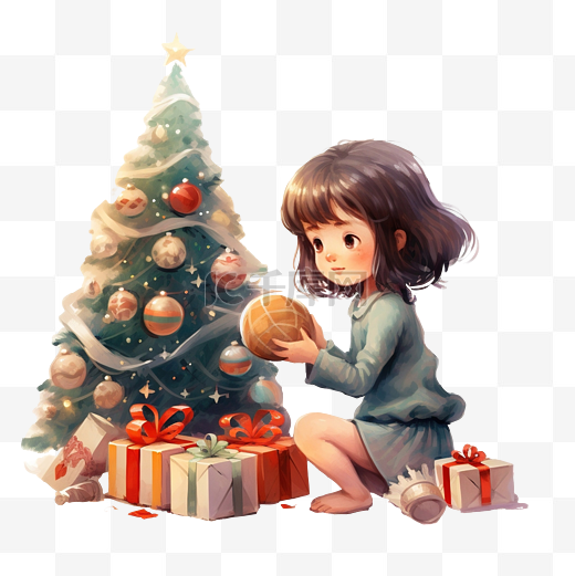 女孩用球和玩具装饰圣诞树以庆祝节日图片