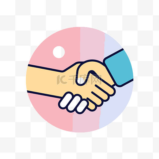粉色圆圈和深蓝色背景上的平蓝色握手符号 向量图片