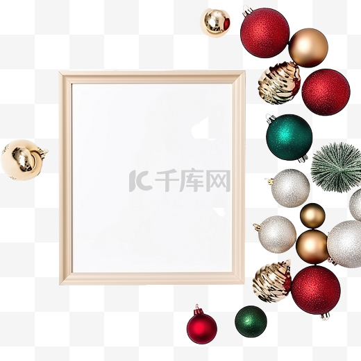 时尚彩色桌面视图上的圣诞球和相框图片