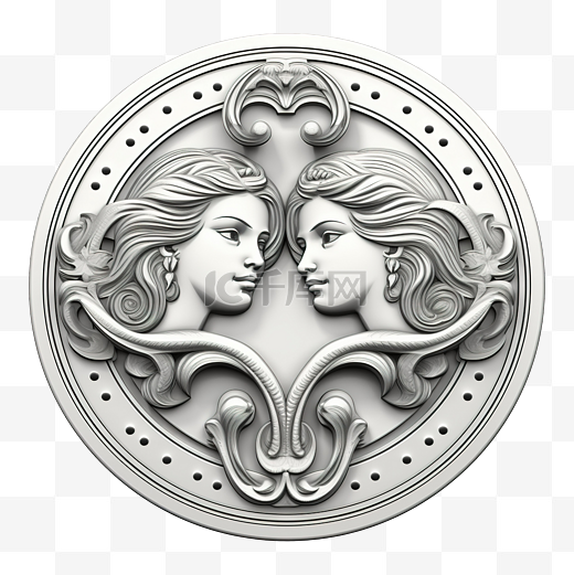 双子座占星术黄道十二宫星座符号在圆形插图中与浮雕雕刻技术图片