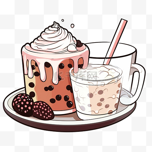手绘巧克力蛋糕和珍珠奶茶插画图片