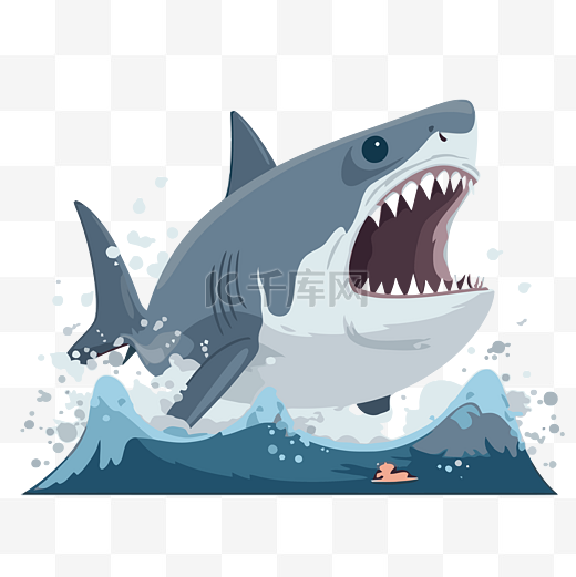 巨齿鲨剪贴画，一只愤怒的鲨鱼，牙齿张开嘴，在海洋卡通片中 向量图片