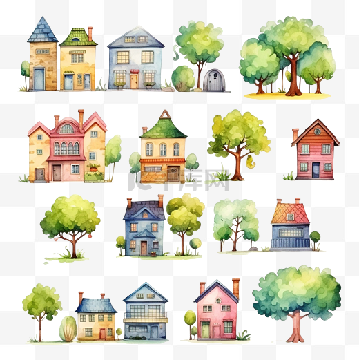 水彩卡通家居及建筑城市元素与天然树木ai生成的集合图片