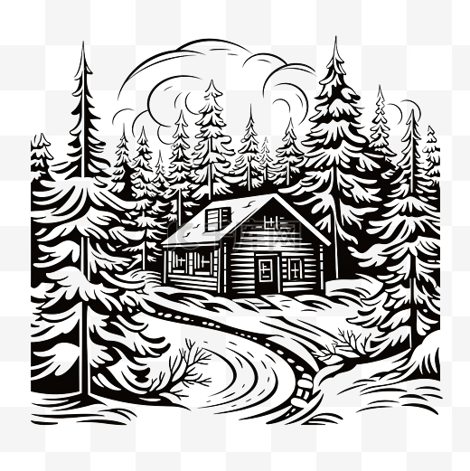 冬季森林油毡风格插画??中的小木屋图片