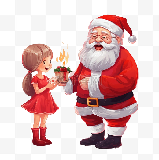 圣诞老人和家里的壁炉和圣诞树附近有可爱的小女孩图片
