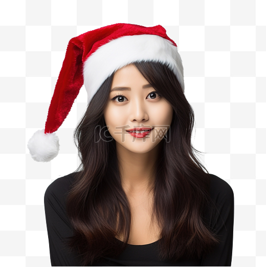 迷人的亚洲美女戴着圣诞帽靠在白墙上图片
